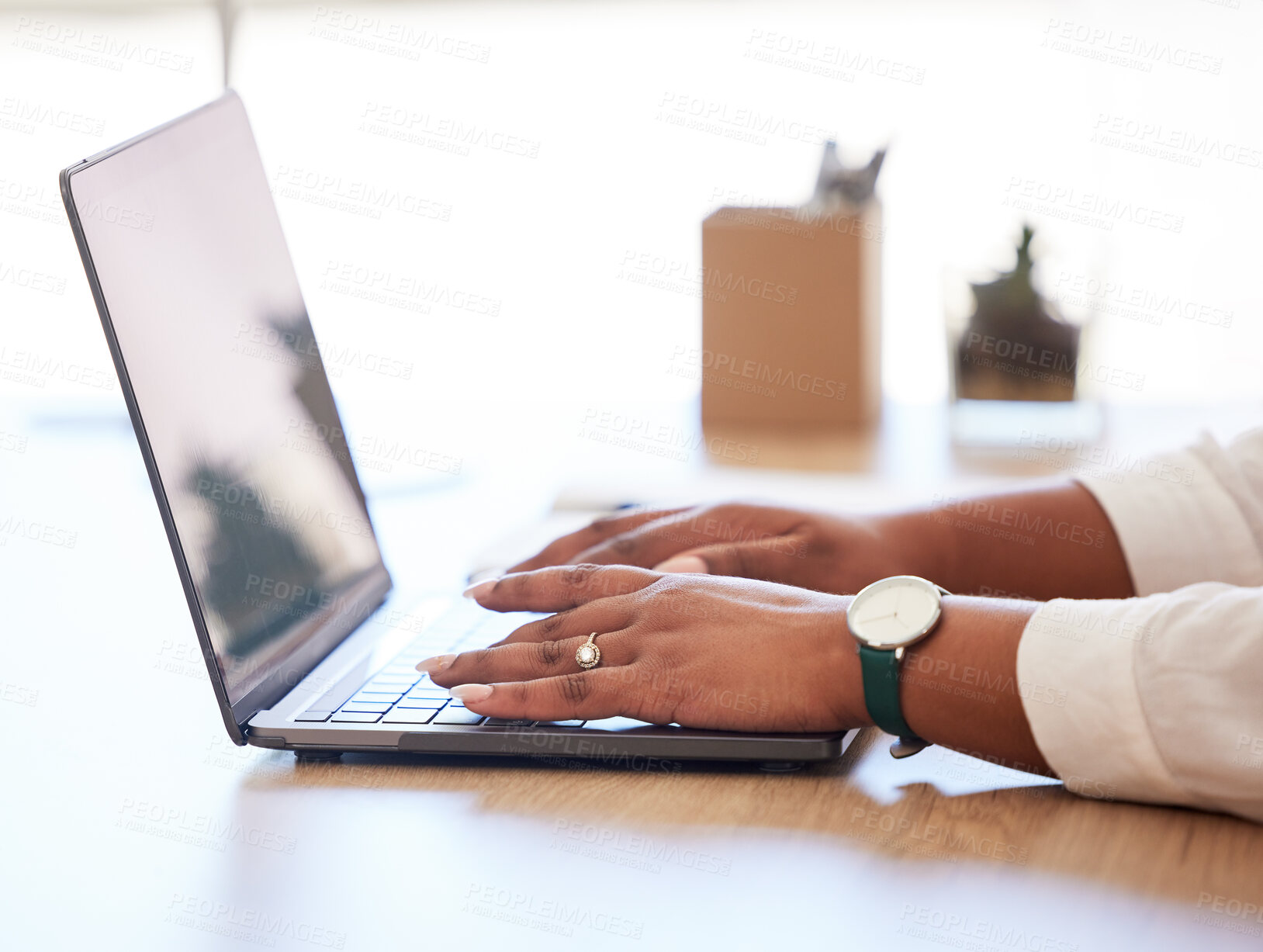 Buy stock photo Businesswoman, manager or advertising agent typing a report, email or browsing the internet on a laptop online at work. Closeup of hands of a female ceo, boss or employee searching the web in office