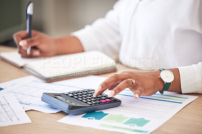 Buy stock photo Finance, accounts and data analyst planning for tax return and calculating new financial strategy. Professional accountant working with bank reports and invoice charts to calculate income money