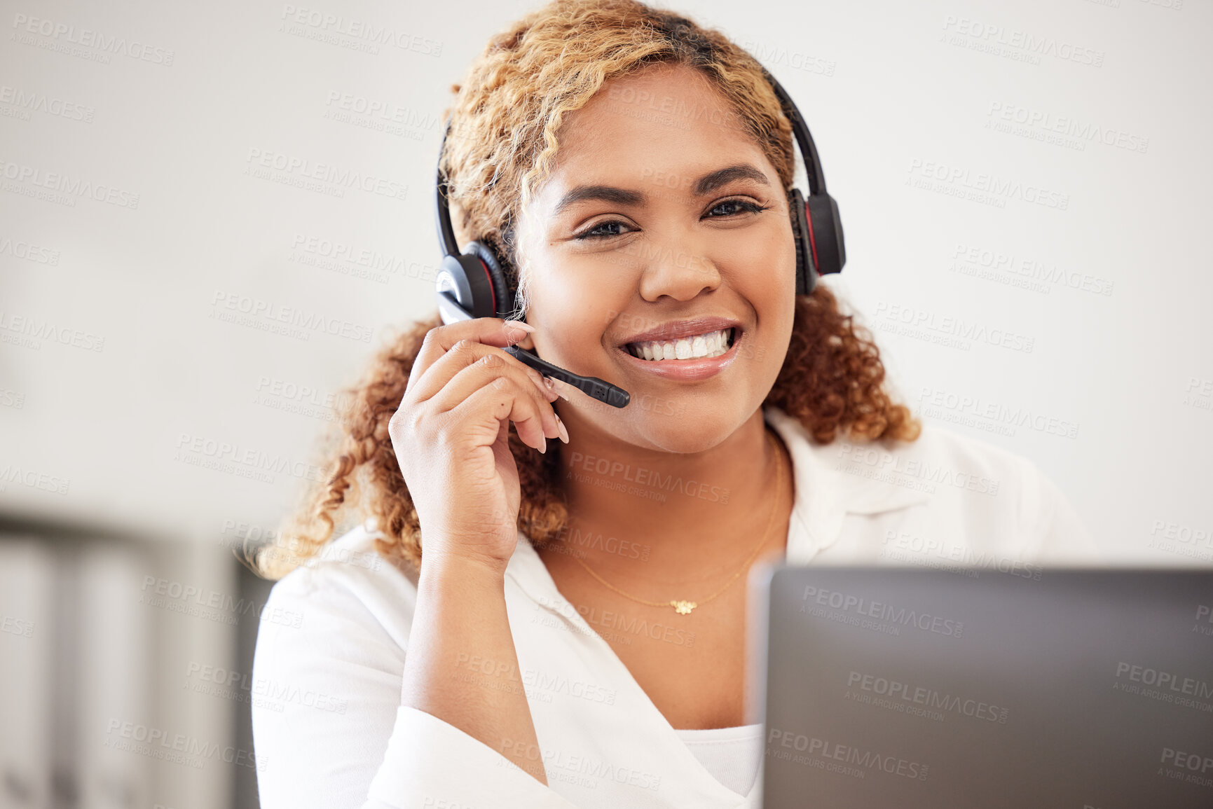 Buy stock photo Happy, smiling and friendly call center agent wearing headset while working in an office. Portrait of confident businesswoman consulting and operating helpdesk for customer sales and service support
