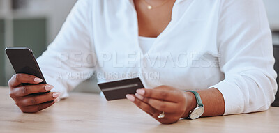 Payments, banking and shopping being done by a woman with a credit card and phone. Female entrepreneur, businesswoman or boss paying for a product on the internet, app or website online at work