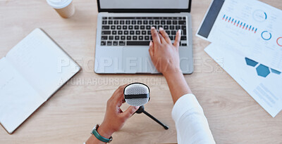 Buy stock photo Podcast, journalist and radio host using microphone and laptop for broadcasting information for her podcast. Businesswoman, entrepreneur and blogger analyzing data and starting a live stream