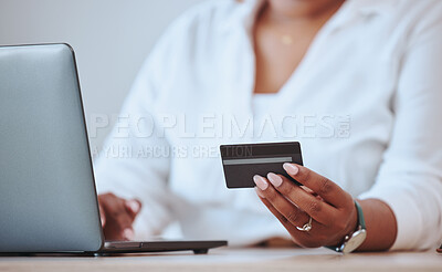 Buy stock photo Credit card, online payment and shopping being done with a laptop by a businesswoman, manager or entrepreneur. One female purchasing, buying and ordering products on the internet or a website