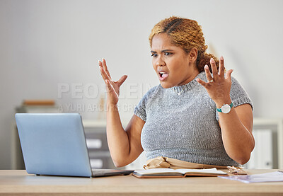 Buy stock photo Surprised, shocked and angry business woman, blogger or entrepreneur showing frustrated hand gesture. Face of unhappy and annoyed african female reading bad, terrible and serious news on laptop