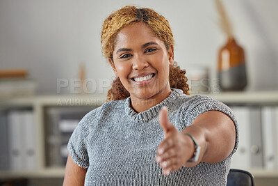 Buy stock photo Welcome handshake of happy, smiling adult woman stretching hand for greeting. Introduction to someone to get acquainted before a meeting. Professional female making customer or employee feel at home.