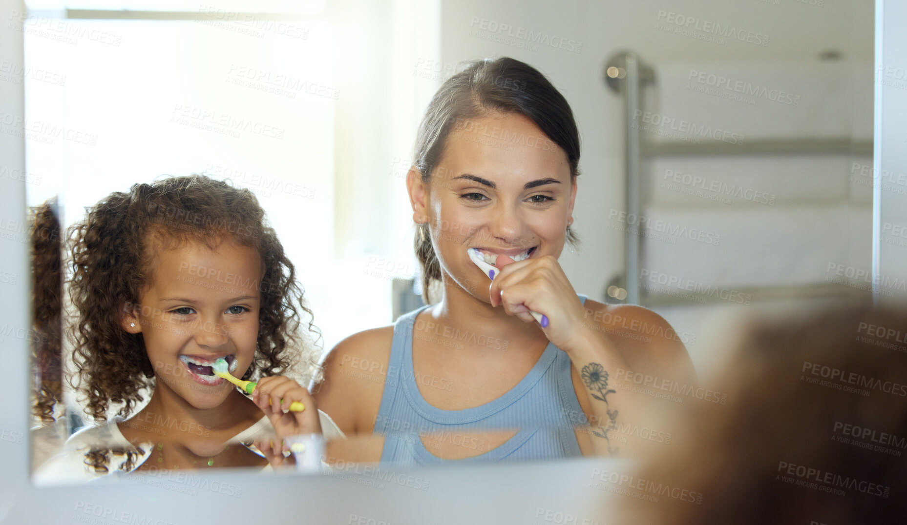 Buy stock photo Dental care, brushing teeth and healthy routine in mother and daughter morning at home. Happy, fun and playful child and parent bonding and learning hygiene and grooming with toothpaste in a bathroom