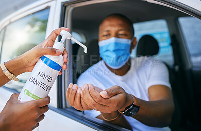 Buy stock photo Covid, cleaning and hygiene at drive thru testing centre or station for coronavirus. African man driving his car and wearing protective face mask to avoid contact with medical worker