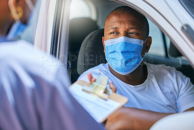 Buy stock photo Test, interview and talking being done at a checkpoint during covid lockdown for traveling, transport and trips. Man wearing a mask to protect, keep safe and prevent sickness while filling in forms