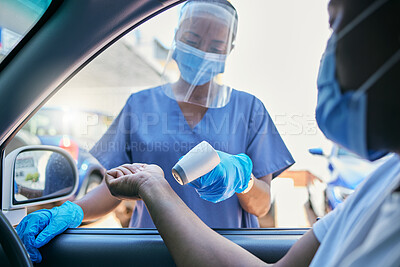 Buy stock photo Fever, temperature and Covid test at drive through station in a car. Professional nurse or doctor screening patient with a thermometer. Wellness and safety of people through a pandemic