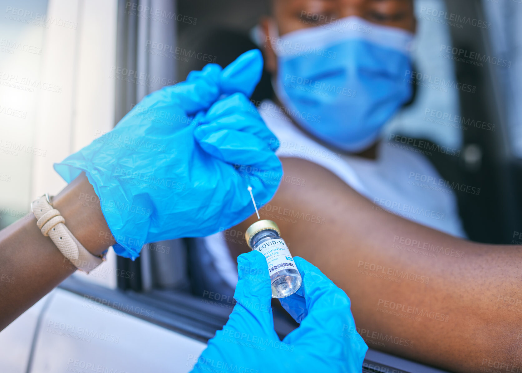 Buy stock photo Covid, medical worker and vaccine site and service for patient getting flu shot or dose for coronavirus prevention. Man in car with face mask to avoid contact while getting injection 