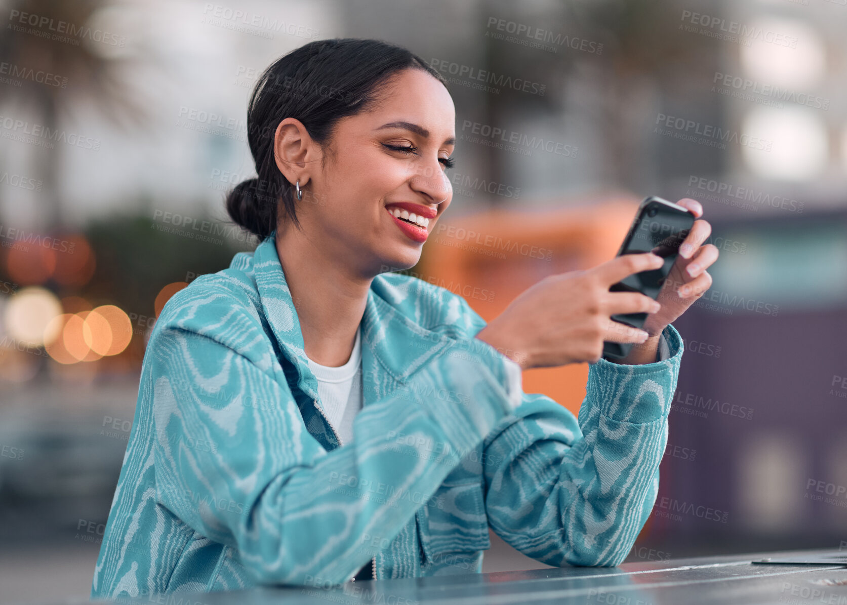 Buy stock photo Happy woman texting on a phone, browsing social media or chatting on an instant, trendy and online chat app. Single female looking confident, reading a message on a dating website