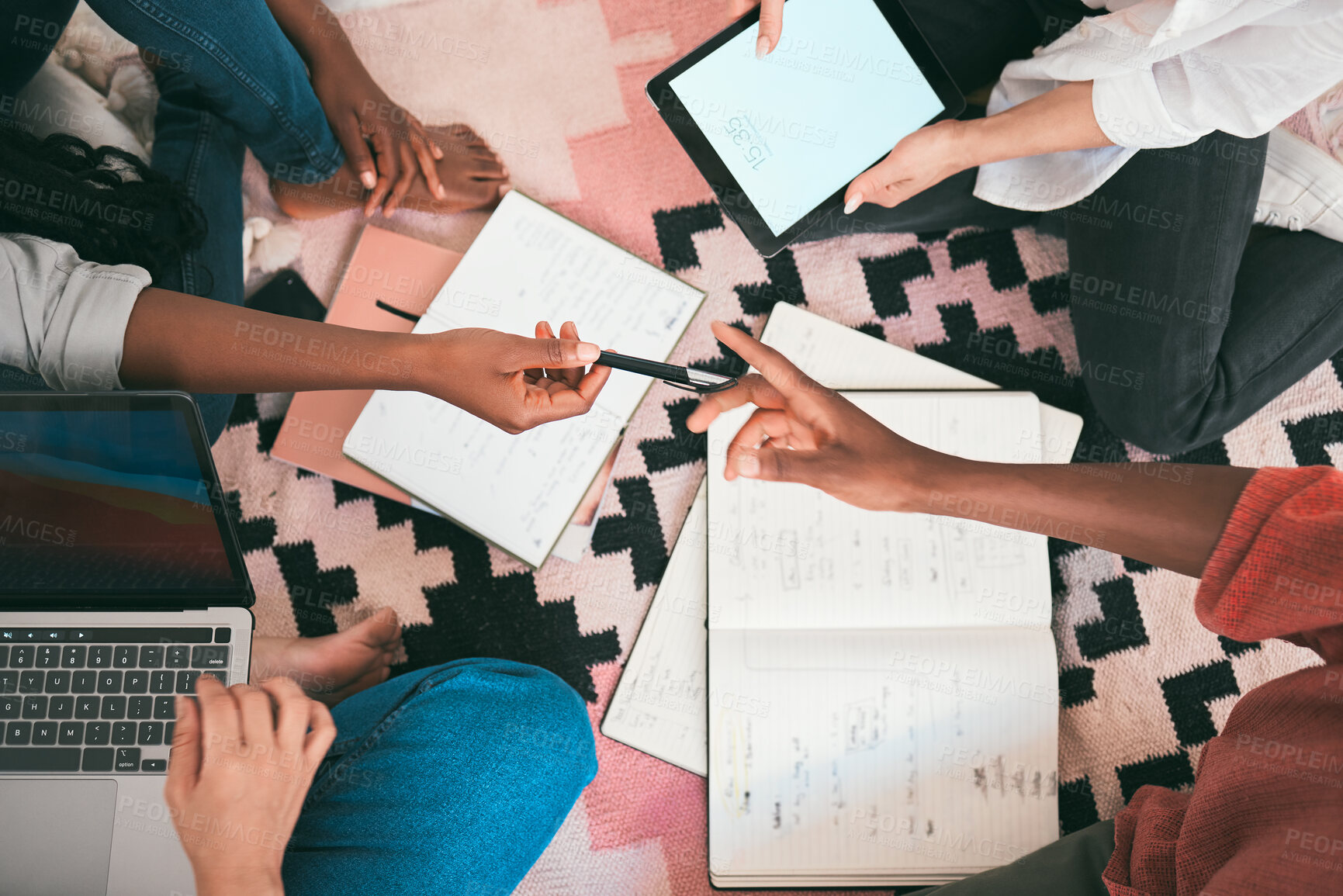 Buy stock photo Creative, teamwork and busy people working on strategy planning and brainstorming project ideas together from above view. Student group doing digital assignment writing, collaborating and discussing