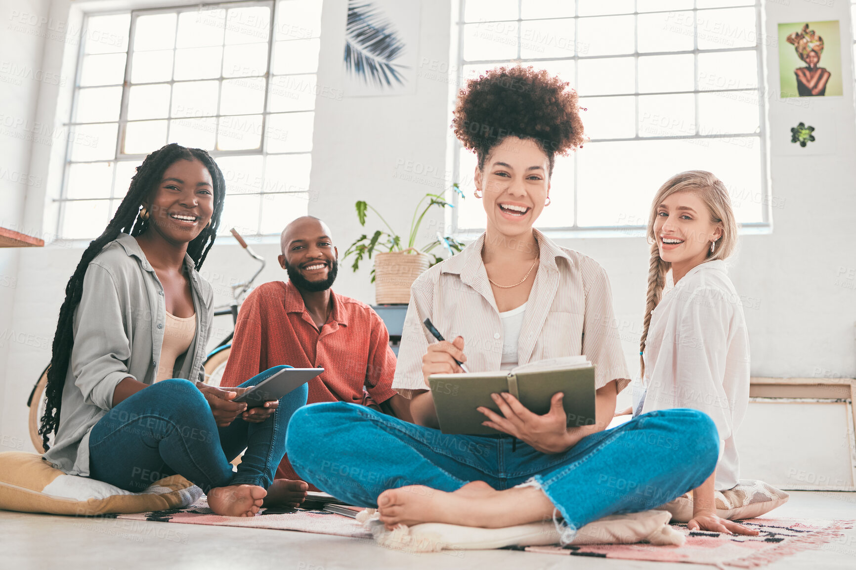 Buy stock photo Laughing, happy and casual creative team planning strategy, brainstorming ideas and finding solution in office. Portrait of relaxed, smiling and confident colleagues working on startup marketing plan