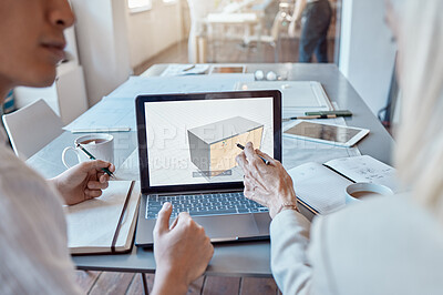 Buy stock photo Architect, design engineer or contractor pointing to a 3d digital model on a laptop screen, discussing a plan or idea with a colleague in a meeting. Two business people talking about a work project