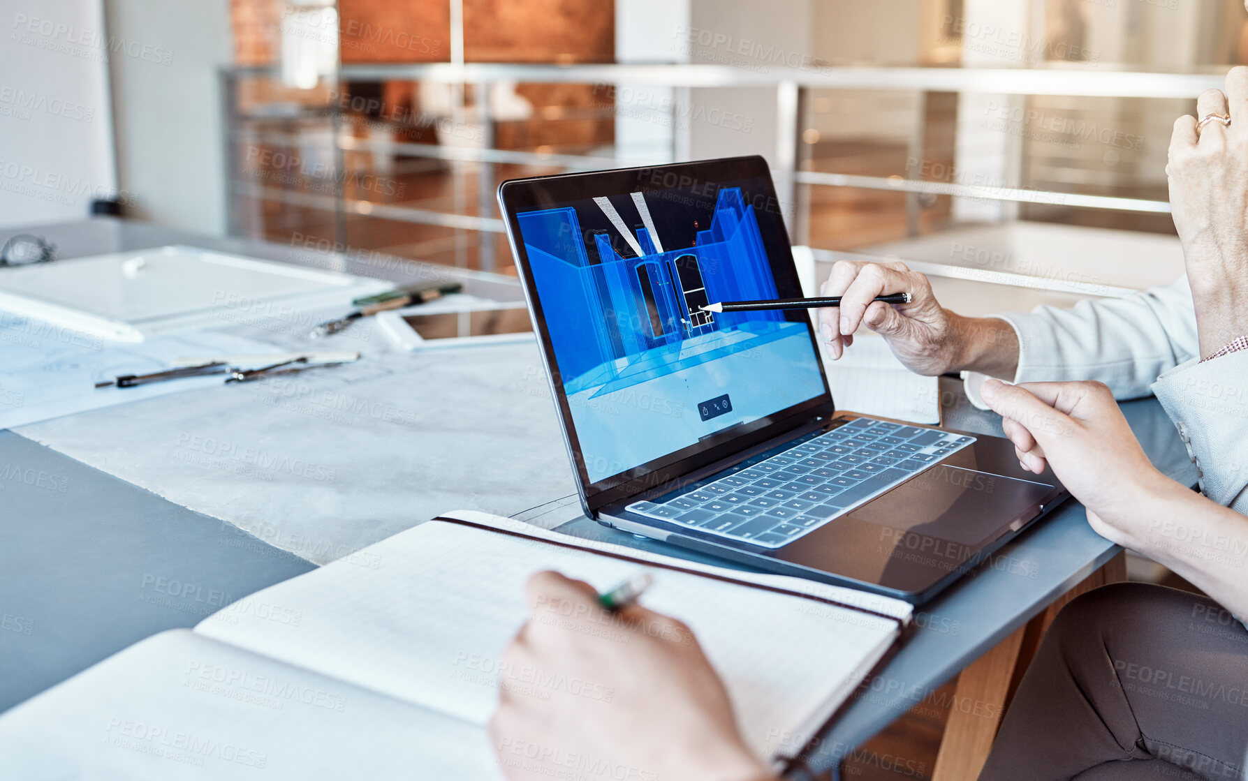 Buy stock photo Architect, design engineer or contractor pointing to a 3d digital model on a laptop screen, discussing a plan or idea with a colleague in a meeting. Business people talking about a work project