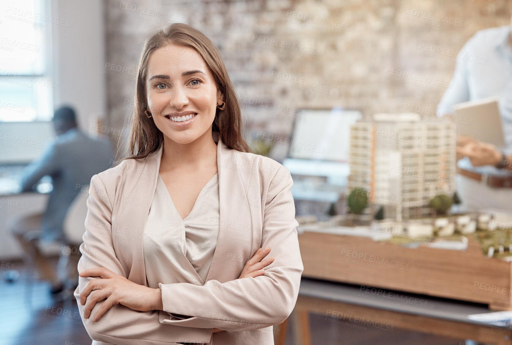 Buy stock photo Modern, young and smiling female corporate head architect ready to work and design in an office. Portrait of a trendy architecture worker with a smile. Closeup of a happy intelligent woman employee 