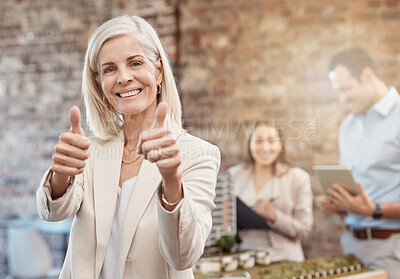 Buy stock photo Thumbs up, sign and finger shown by a happy business woman, manager or ceo while standing in office at work. Cheerful, pleased and satisfied female showing thumbs in approval, agreement or thank you