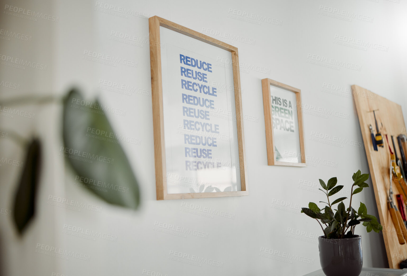 Buy stock photo Environmental conservation for a sustainable and green ecosystem and eco friendly world. Reduce, reuse and recycle poster hanging in an office as a mantra to conserve, protect and save planet earth