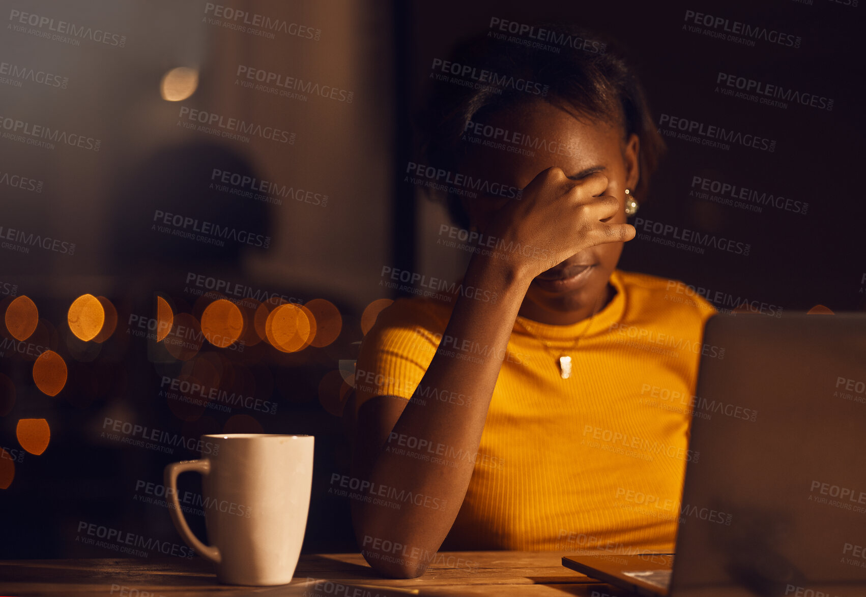 Buy stock photo Tired, stressed and sad business woman trying to meet a deadline, finish a task or send emails while working late on a laptop. Overworked, unhappy and depressed female suffering from a headache