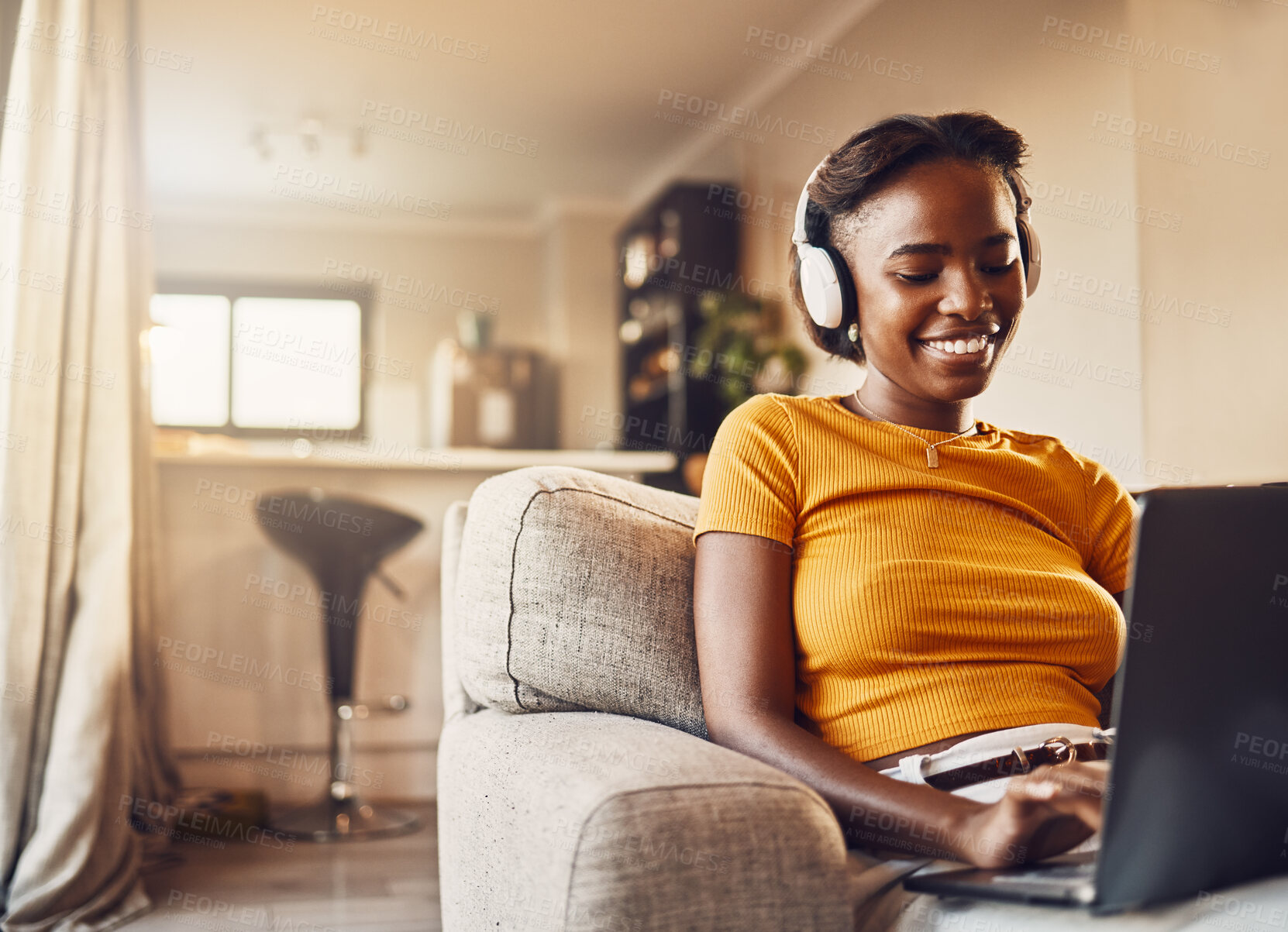 Buy stock photo Student learning, studying and watching class on laptop for distance learning course, degree and education over covid lockdown. Woman listening to music, podcast or study video at home on technology