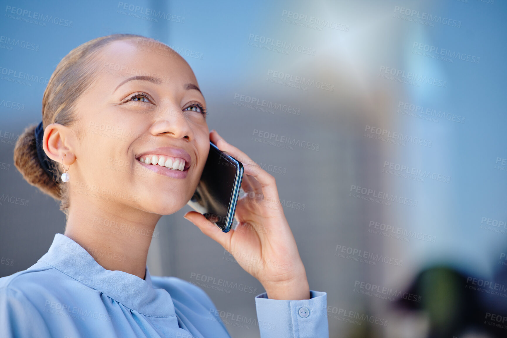 Buy stock photo Closeup of a happy and beautiful smiling businesswoman while on the phone. Female adult manager making answering call in mobile roaming, lady having pleasant phone conversation with client