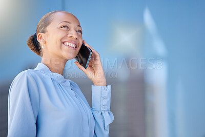 Buy stock photo Businesswoman talking on a phone call, smiling joyful at the news received. Happy female manager on a cellphone chatting. Lady having pleasant phone conversation with client. 
