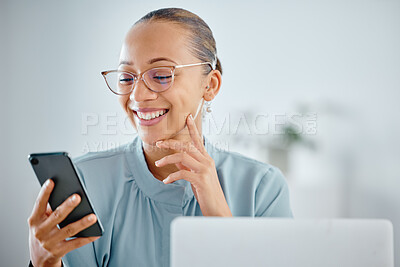Smiling, excited and happy business woman texting, browsing and reading notification on phone with good news in an office. Cheerful executive scrolling messages, apps and web while networking online