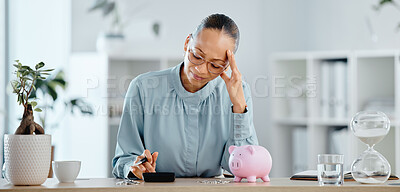 Buy stock photo Debt, broke and financial crisis for a business woman frustrated and stressed without money. A struggling female worried about being poor or going bankrupt is sad about her problems at home