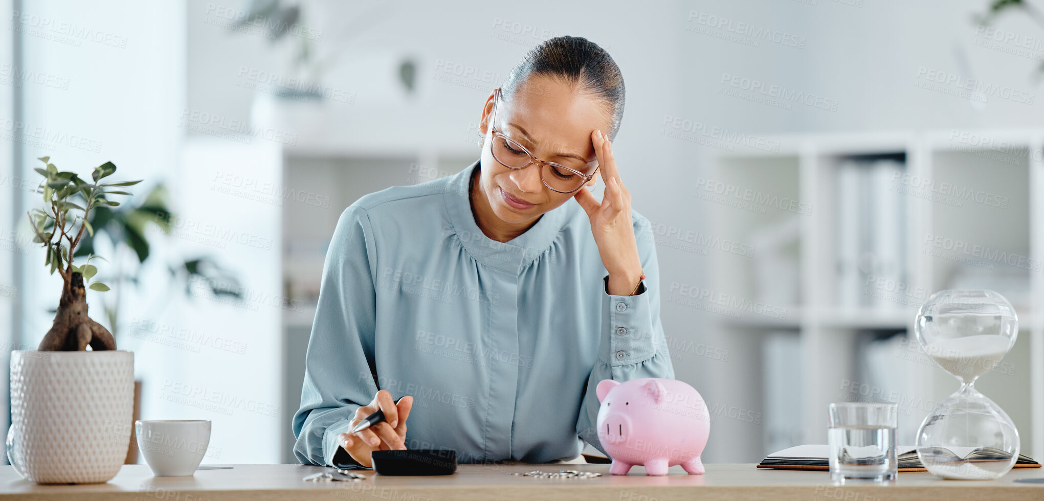 Buy stock photo Debt, broke and financial crisis for a business woman frustrated and stressed without money. A struggling female worried about being poor or going bankrupt is sad about her problems at home