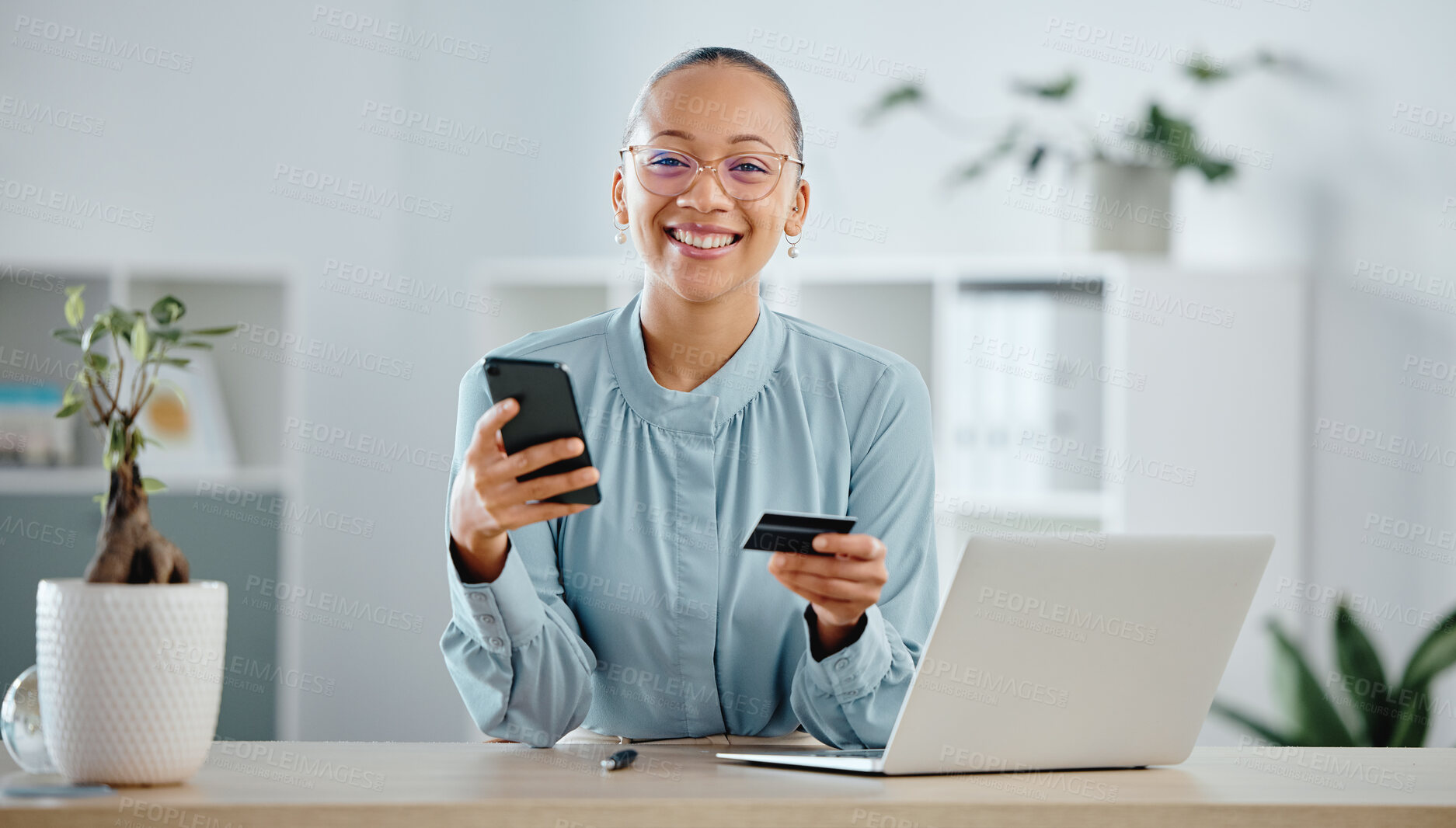 Buy stock photo Businesswoman, finance advisor and executive shopping online with a phone and credit card in an office. Happy, smiling and cheerful trader banking with ecommerce internet payment while spending money