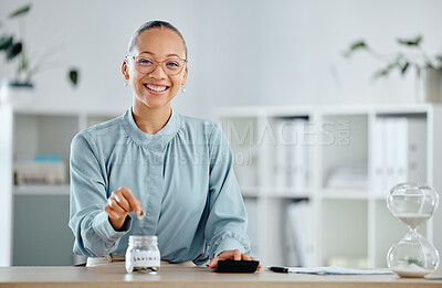 Buy stock photo Woman counting and saving money in a cash jar to create a budget for a financial investment with her bank. Lady making finance a priority after getting smart credit advice from a financial advisor