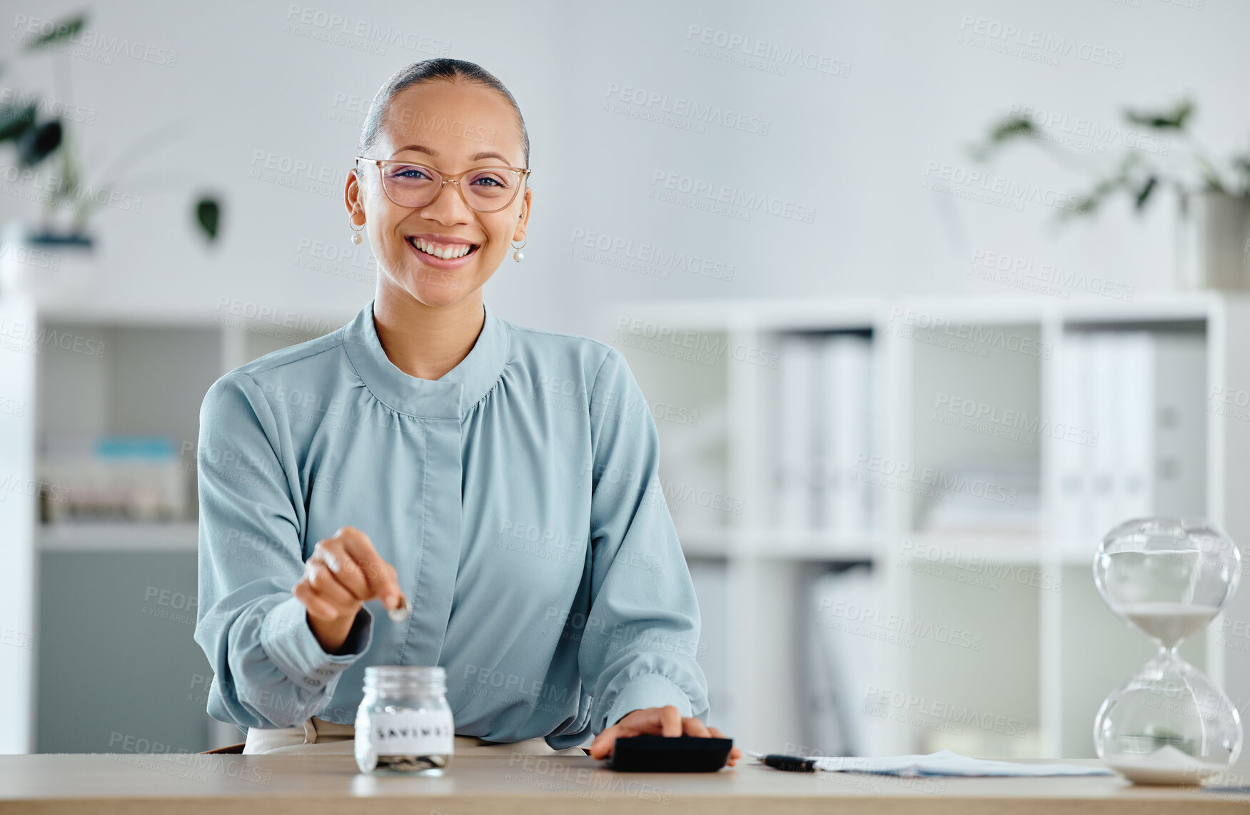 Buy stock photo Woman counting and saving money in a cash jar to create a budget for a financial investment with her bank. Lady making finance a priority after getting smart credit advice from a financial advisor