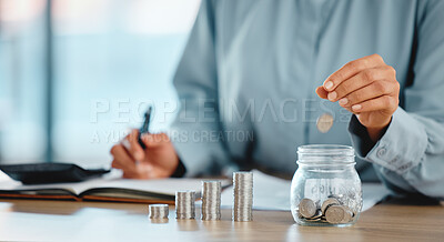 Investment, finance and savings of a business accountant stacking silver, currency or coins with hand and money closeup indoor. One wise smart person planning a financial budget in growth jar concept