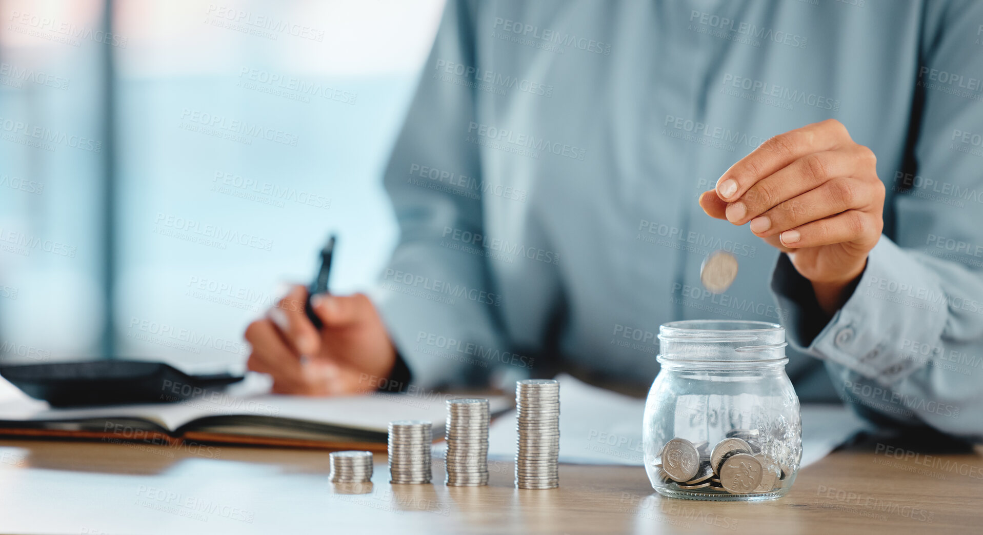 Buy stock photo Investment, finance and savings of a business accountant stacking silver, currency or coins with hand and money closeup indoors. One wise and smart person planning a financial budget in a growth jar