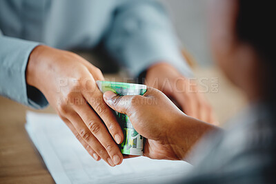 Closeup of hands, money exchange between businessman and customer for delivery or services done. Currency exchange and reward for hard work. Boss paying worker his salary or tips earned.
