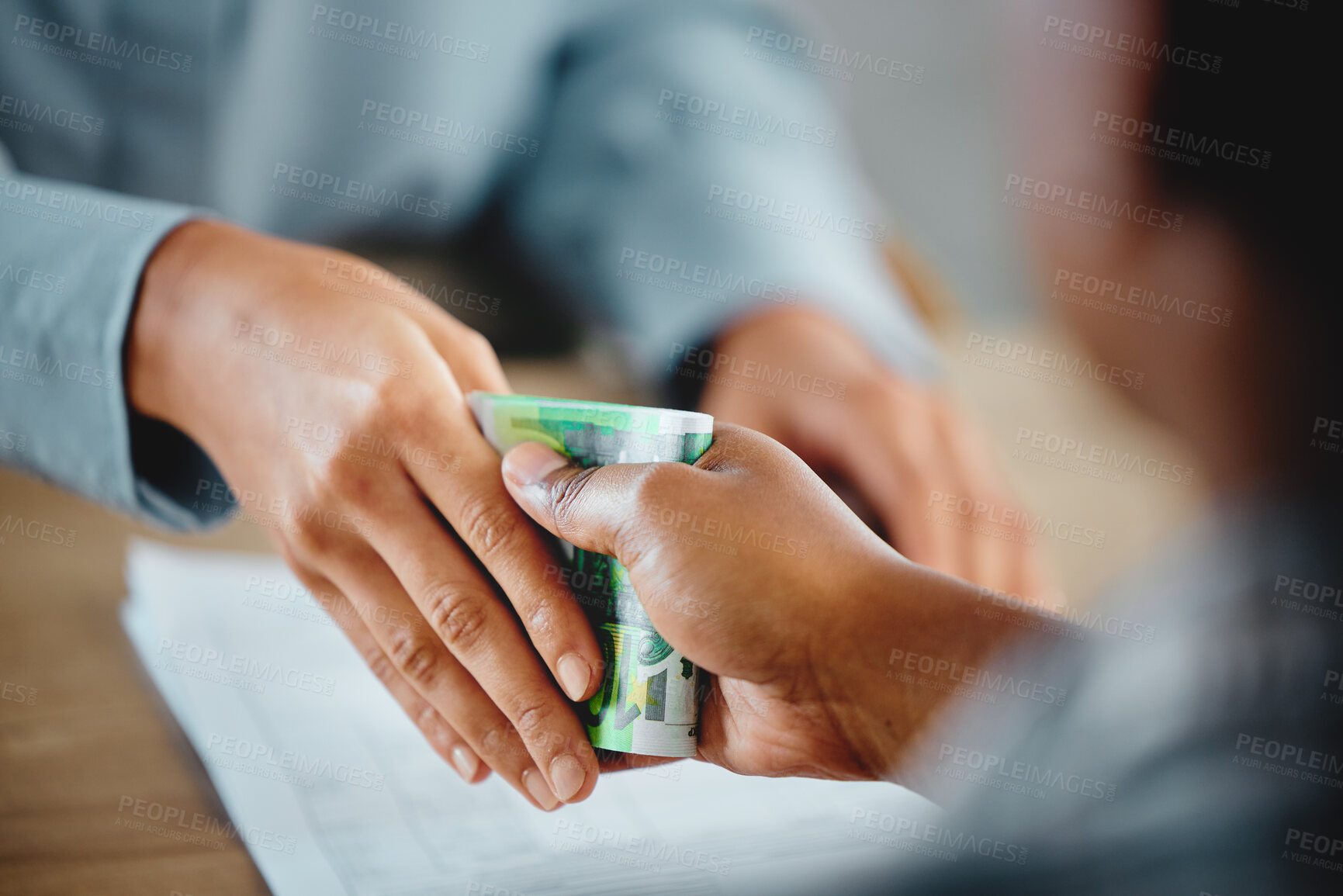 Buy stock photo Closeup of hands, money exchange between businesswoman and customer for delivery or services done. A dishonest man accepting a bribery for deal. Boss paying worker his salary or tips earned.  
