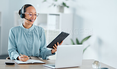 Excited, happy and cheerful call center agent calling, talking and marketing deal or sale on laptop and tablet. Smiling, successful and friendly freelance support staff multitasking to help customer