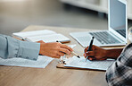 Contract, document and paper work closeup of banker with client signing, writing or filling out information on insurance or loan form. Bank worker giving client instruction on banking law agreement