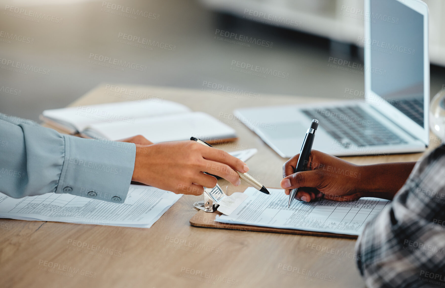 Buy stock photo Contract, document and paper work closeup of banker with client signing, writing or filling out information on insurance or loan form. Bank worker giving client instruction on banking law agreement