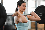 A fit, active and athletic female lifting weights in the gym exercising to improve strength and conditioning. Young woman athlete training with equipment or a barbell as part of her workout routine