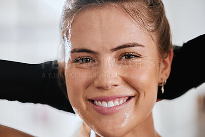 Buy stock photo Face of healthy, fit and active woman smiling and looking relaxed, carefree and happy inside. Head closeup of 
beautiful, attractive female athlete taking break after hard and sweaty fitness workout