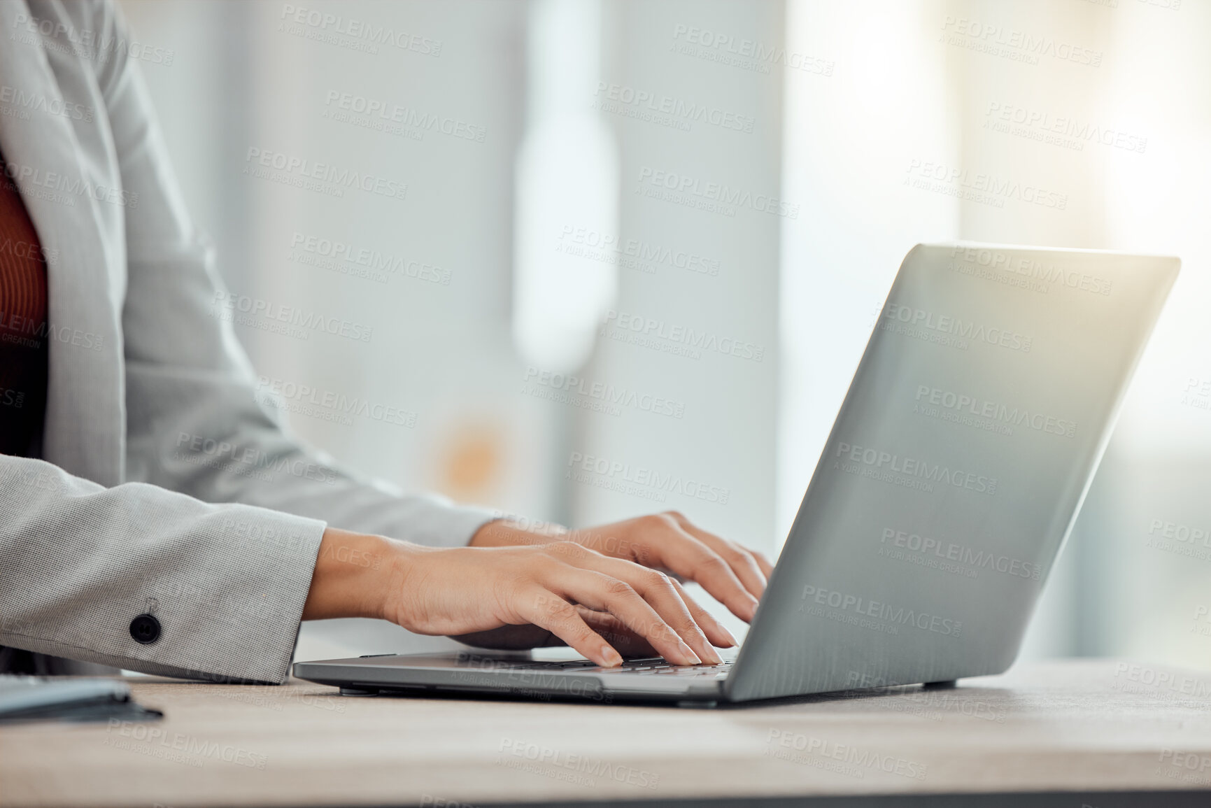 Buy stock photo Closeup hands of manager typing on laptop, reviewing employee contracts or planning office schedule. Human resource professional, hiring boss or leader innovating team building exercise on technology