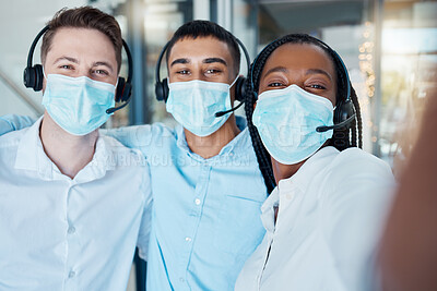 Buy stock photo Covid, selfie and call center masks on face of happy staff for pandemic protection at telemarketing company. Customer service support, group portrait and covid 19 staff working in CRM business office