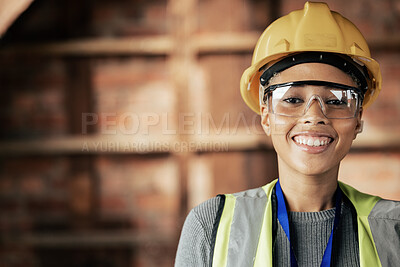 Buy stock photo Engineering, portrait and woman construction worker on site working on a renovation project. Face, smile and happy industrial manager or contractor doing maintenance or remodeling on a building.
