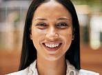 Face, business woman and smile with success, career satisfaction with corporate worker and company headshot. Beauty, teeth and happy, professional portrait and positive mindset and happiness.