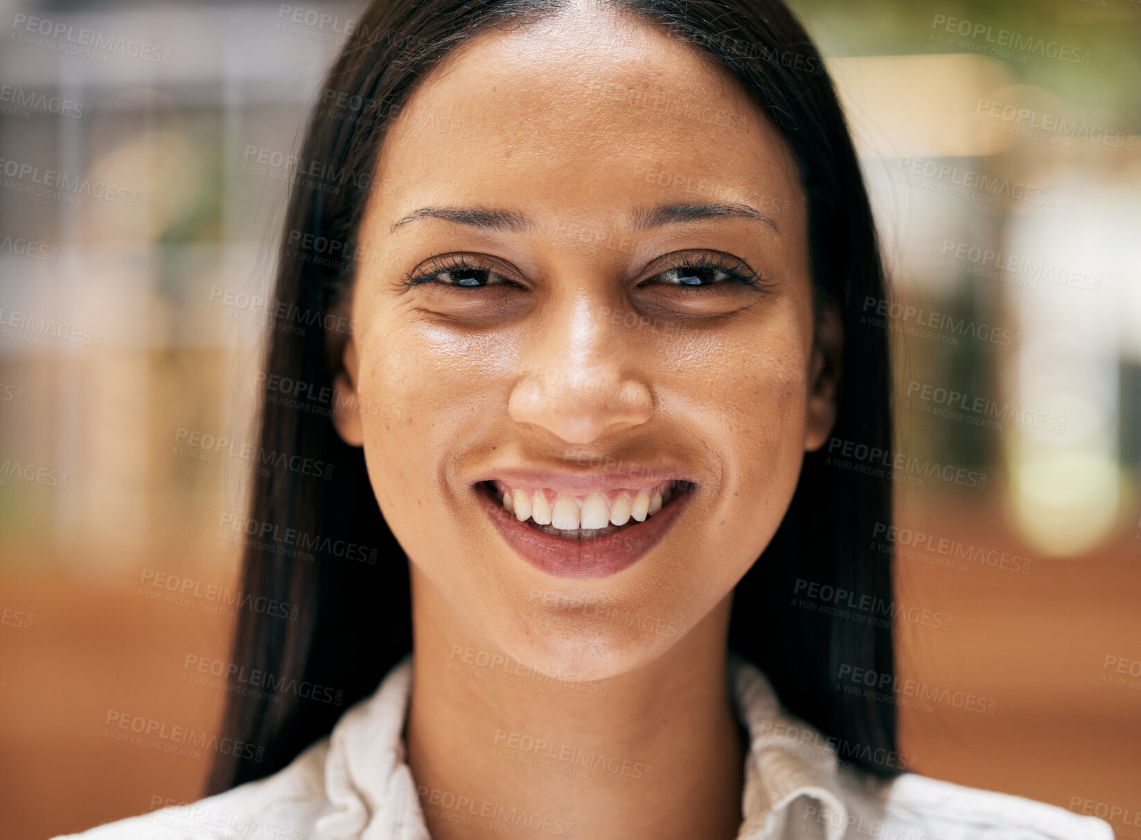 Buy stock photo Face, business woman and smile with success, career satisfaction with corporate worker and company headshot. Beauty, teeth and happy, professional portrait and positive mindset and happiness.