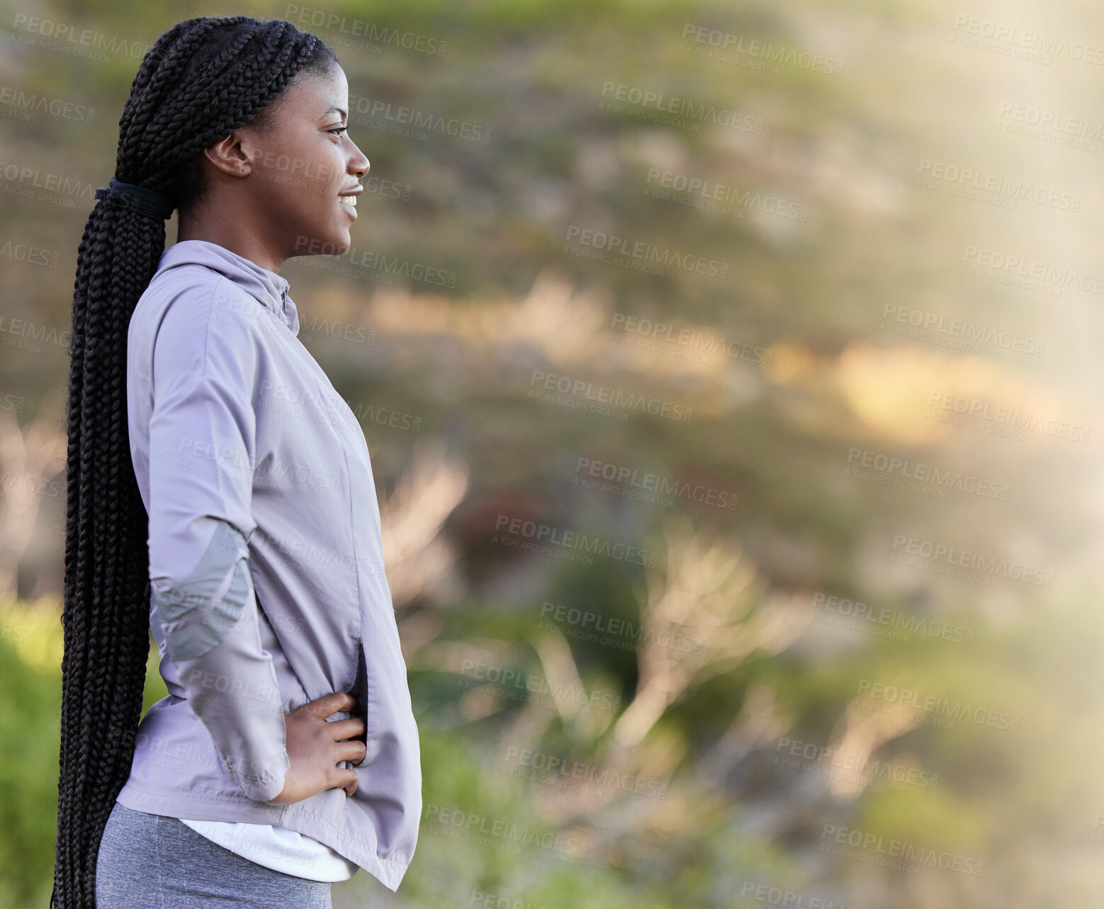 Buy stock photo Black woman, athlete and in nature for peace, relax and fresh air for wellness, health and fitness. View, Jamaican female, girl and runner rest, mountain and confident with workout, zen and calm.