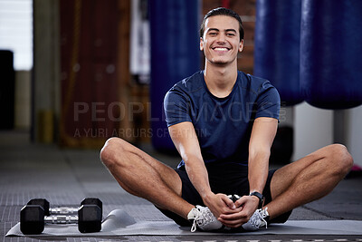 Buy stock photo Gym, stretching and man smile portrait ready for pilates or weight training workout. Happy, athlete and exercise of a person doing sports, fitness and mobility sport in a health and wellness club
