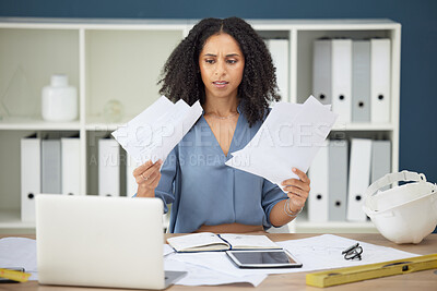 Buy stock photo Architecture, deadline and stress with business woman for planning, audit and overwhelmed. Engineering, construction and building with black woman for paperwork, burnout and compliance