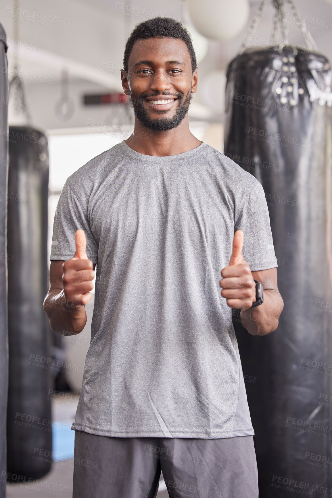 Buy stock photo Thumbs up, fitness or black man for wellness portrait, exercise or positive mindset in sport gym. Thank you, support or happy personal trainer for workout motivation, success training or health goal
