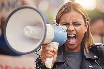 Buy stock photo Megaphone, woman and shouting for social change, humanity and justice for equality, on street and stand up. Young female, protester and Hispanic girl with bullhorn, protesting for freedom and strike